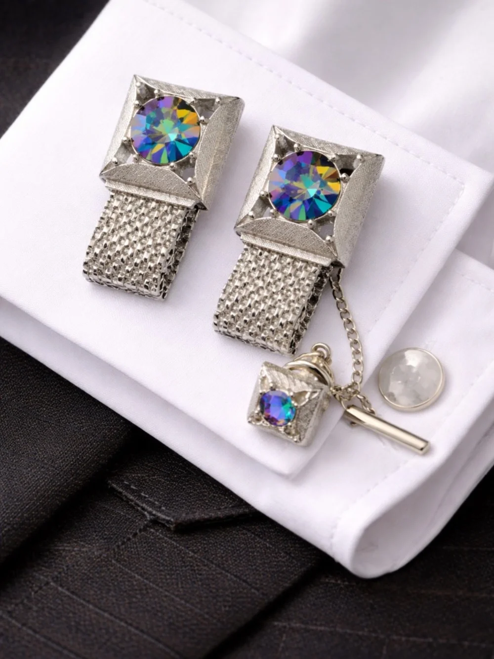 Vintage Swank Aurora Borealis Crystal Wrap Cufflinks w/ matching Tie Tack 1960s